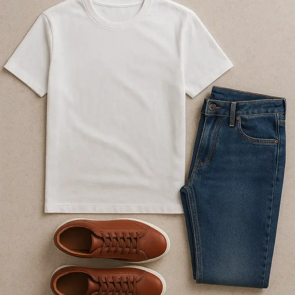 Casual outfit: t-shirt, jeans, sneakers.