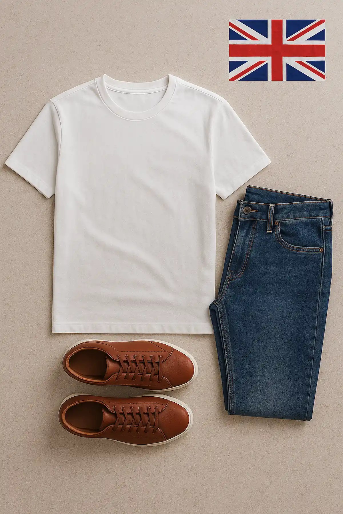 Casual outfit: t-shirt, jeans, sneakers.